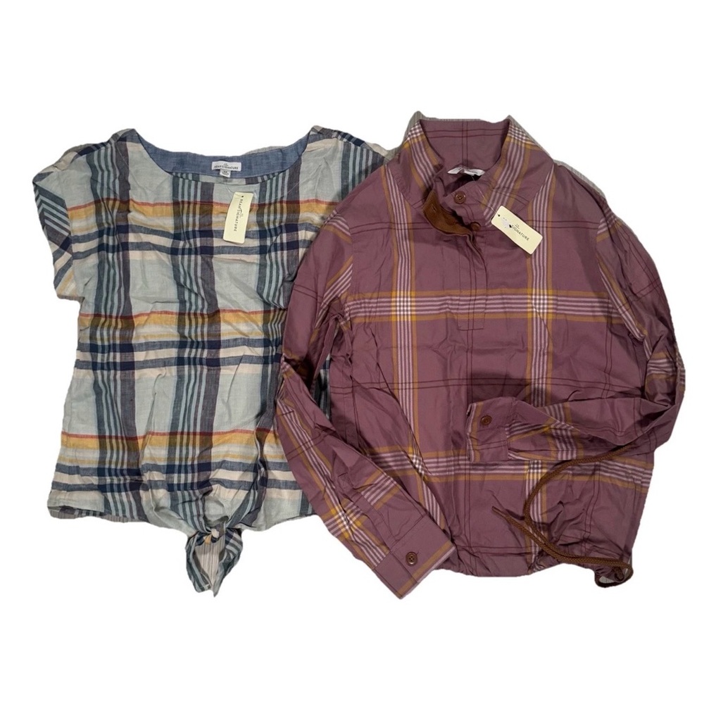 NWT Lot Of 2 Women’s LL Bean Signature Multi Color Plaid Tops Size XS